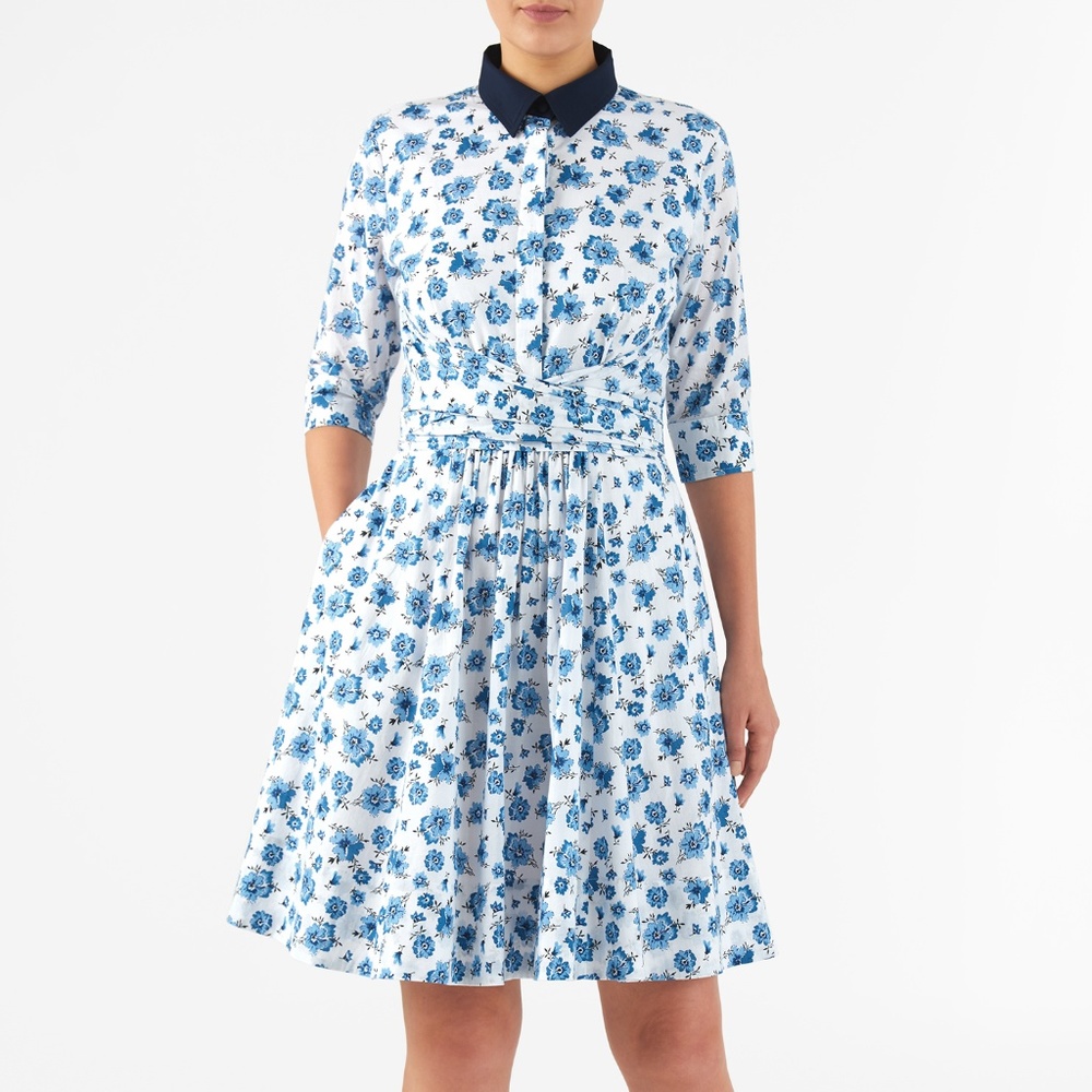 Asymmetric sash tie floral print cotton shirtdress